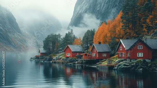 Red Wooden Houses On A Calm Lake With Misty Mountains And Autumn Trees