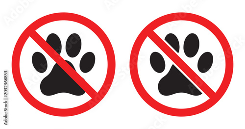 Fotografija No pets allowed sign with black paw print icon inside red prohibition circle sym
