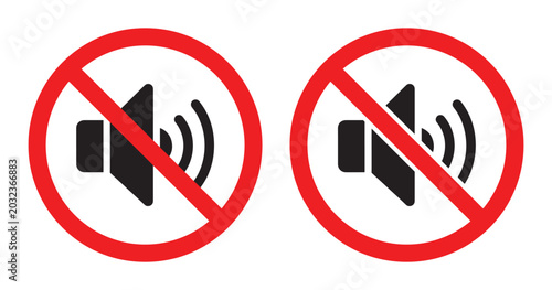 Mute sound icon set with red prohibition circles showing speakers crossed out for audio silence and noise control