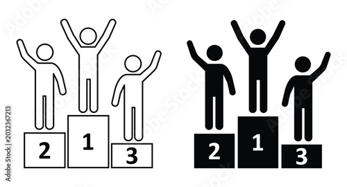 Winners standing on a competition podium with first second and third place ranking numbers for sports and business