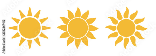 Schilderij op canvas Yellow sun icons with different wavy and pointed ray styles isolated on white background for summer design