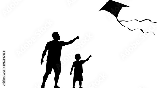 Fotografi Father son flying kite, black silhouette, family fun outdoor activity, recreatio