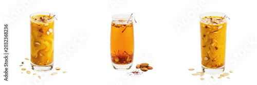Schilderij op canvas Saffron almond juice liquid extract showcasing organic plant emulsion parameters, distinct cellular taxonomy traits, botanical fluid properties, food nutrition elements within culinary drink profiles