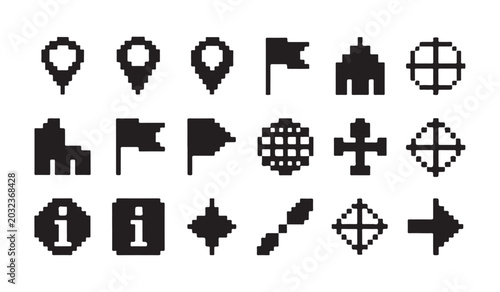 Pixel art geography and location marker collection with globe flags and navigation silhouette.