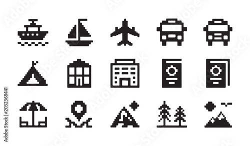 Set of pixel art icons of travel and tourism transport, landmarks, and documents.