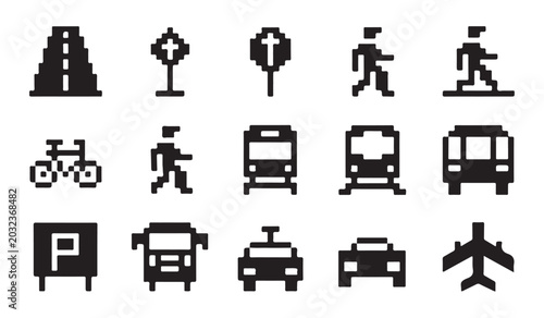 Принти на полотні Set of pixel art icons of roads, traffic signs, pedestrians, vehicles, and parking