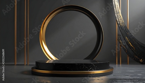 A sleek, modern studio rendering showcasing a dark pedestal with a golden ring, accented with vertical lines