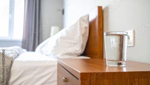 Refreshing glass of water on a wooden nightstand next to a comfortable bed in a bright bedroom, highlighting morning hydration and a healthy lifestyle habit