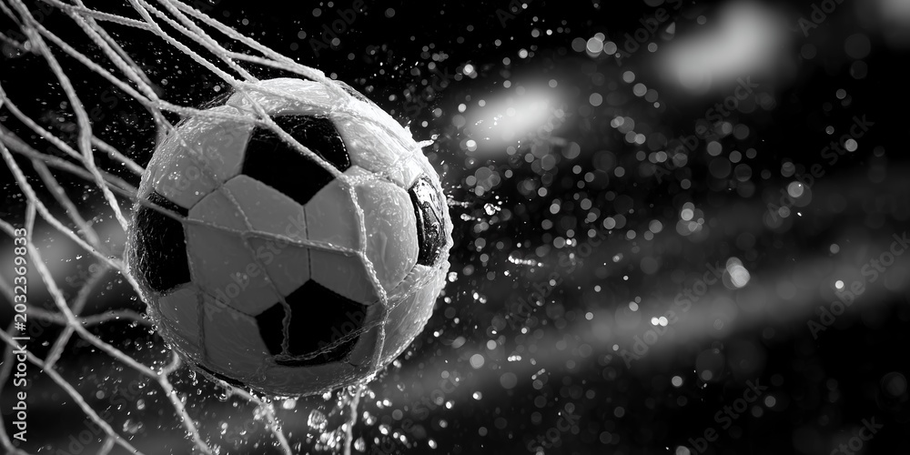 Naklejka premium Soccer ball hitting the net with water splashes and bokeh lights in black and white style, concept for sports promotion, championship achievement and tournament marketing