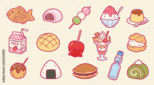 Bild auf Leinwand A collection of cute Japanese sweets and desserts, including taiyaki, dango, mochi, and more, presented in a charming illustration style