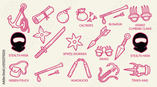 Bild auf Leinwand Collection of Ninja Weapons and Gear, Illustrated in a Simple, Hand-Drawn Style