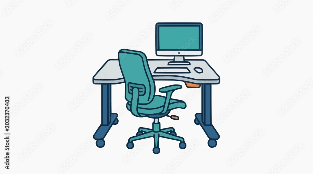 Fototapeta premium Minimalist Home Office Setup: A clean and modern desk with a computer, mouse, and ergonomic chair is depicted, ready for productivity in a simple workspace.