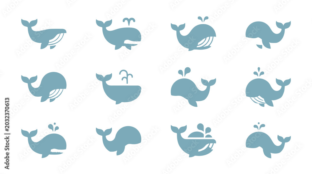 Fototapeta premium Blue Whale Icons Set Vector Illustration
