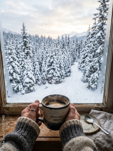 Drink a cup of coffee in winter.