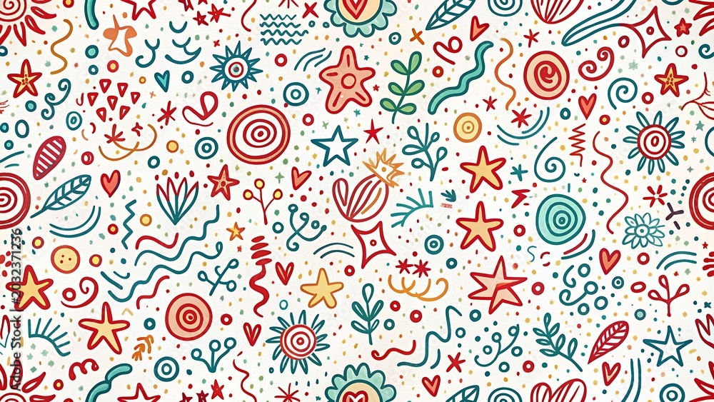 Fototapeta premium Fun colorful line doodle seamless pattern. Creative minimalist style art background for children or trendy design with basic shapes.