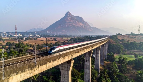A sleek, modern train races across a high bridge, traversing a scenic landscape beneath a mountain peak, and amidst a sprawling valley