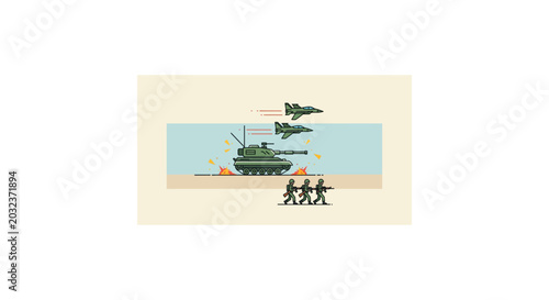 Fotografi Military illustration of soldiers standing with a tank and jet flying overhead in a desert landscape with a blue sky