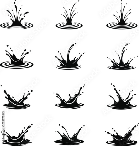 Fotografi Isolated on black silhouette Water splashes set