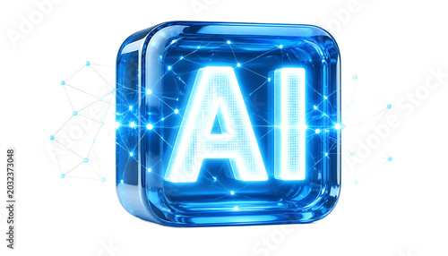 3D glossy blue AI artificial intelligence network icon isolated on transparent background