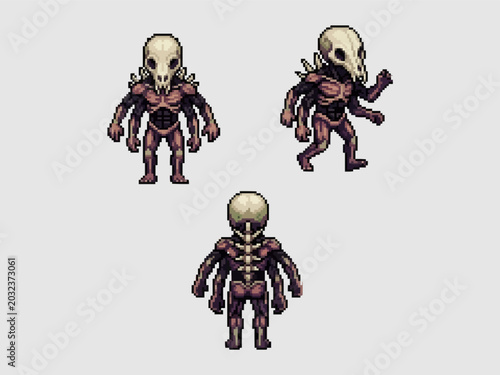 Tableau sur toile pixel art of a scary four-armed humanoid monster wearing a creepy animal skull helmet, isolated on a solid background