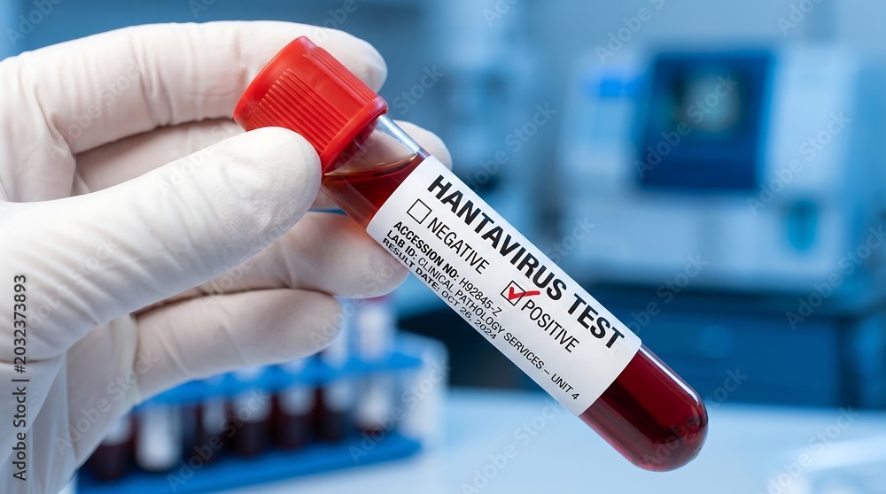 Fototapeta premium Positive Hantavirus blood test result showing specimen in clinical laboratory environment with testing equipment and workplace