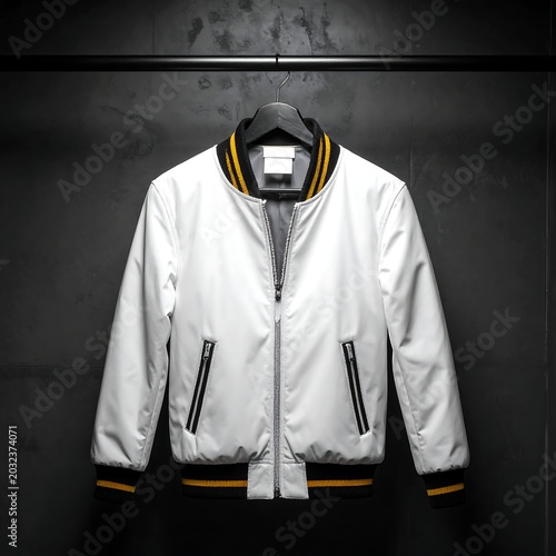 A sleek, modern white bomber jacket hangs on a black hanger against a dark grey concrete wall. It features a yellow and black striped collar and cuffs