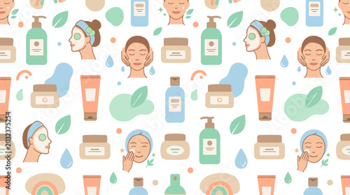 Tableau sur toile Seamless pastel skincare and beauty pattern with facial care icons and products