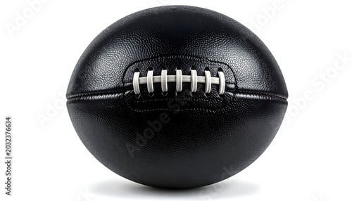 A sleek, professional studio shot of a black football, centered on a white background. The leather texture is finely detailed