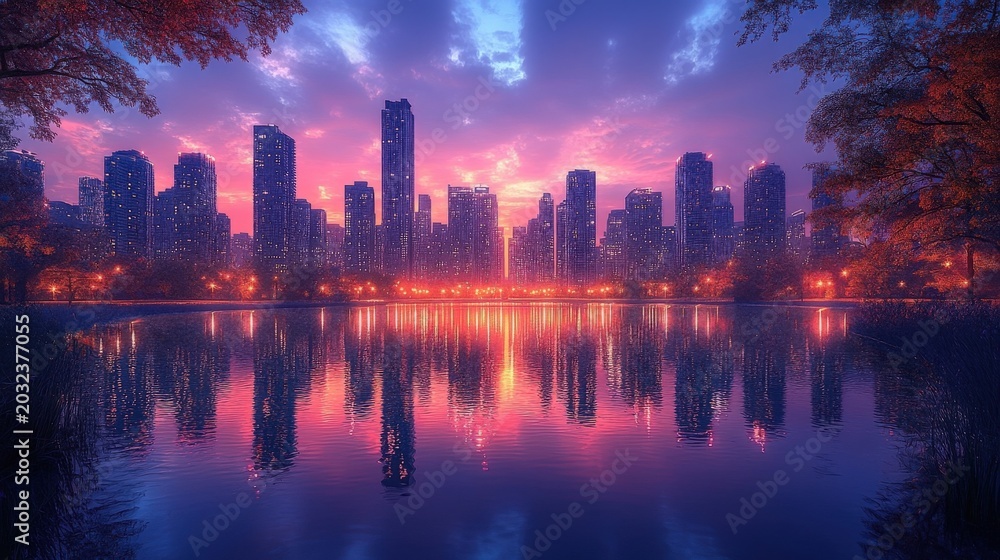 Fototapeta premium Vibrant Cityscape At Dusk Reflecting In Calm Water With Warm Sunset Hues Illuminating The Skyline