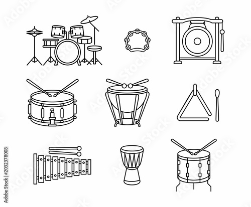 Percussion music instrument icon set isolated on white background.