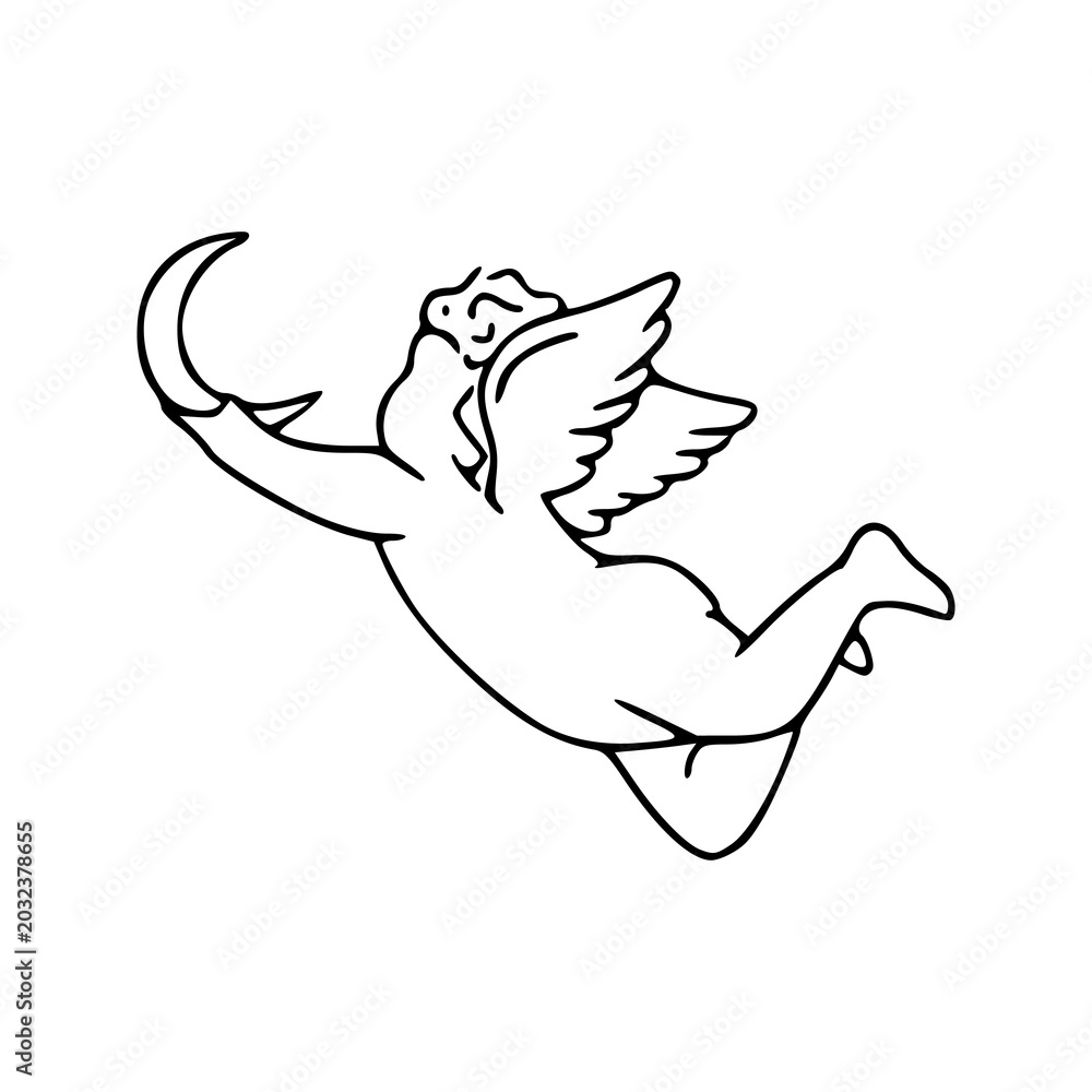 Fototapeta premium vintage cherub cupid with carrying moon outline sketch