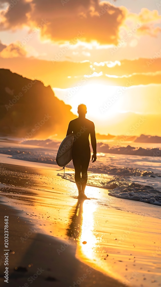 Fototapeta premium Man walking on beach at sunset.