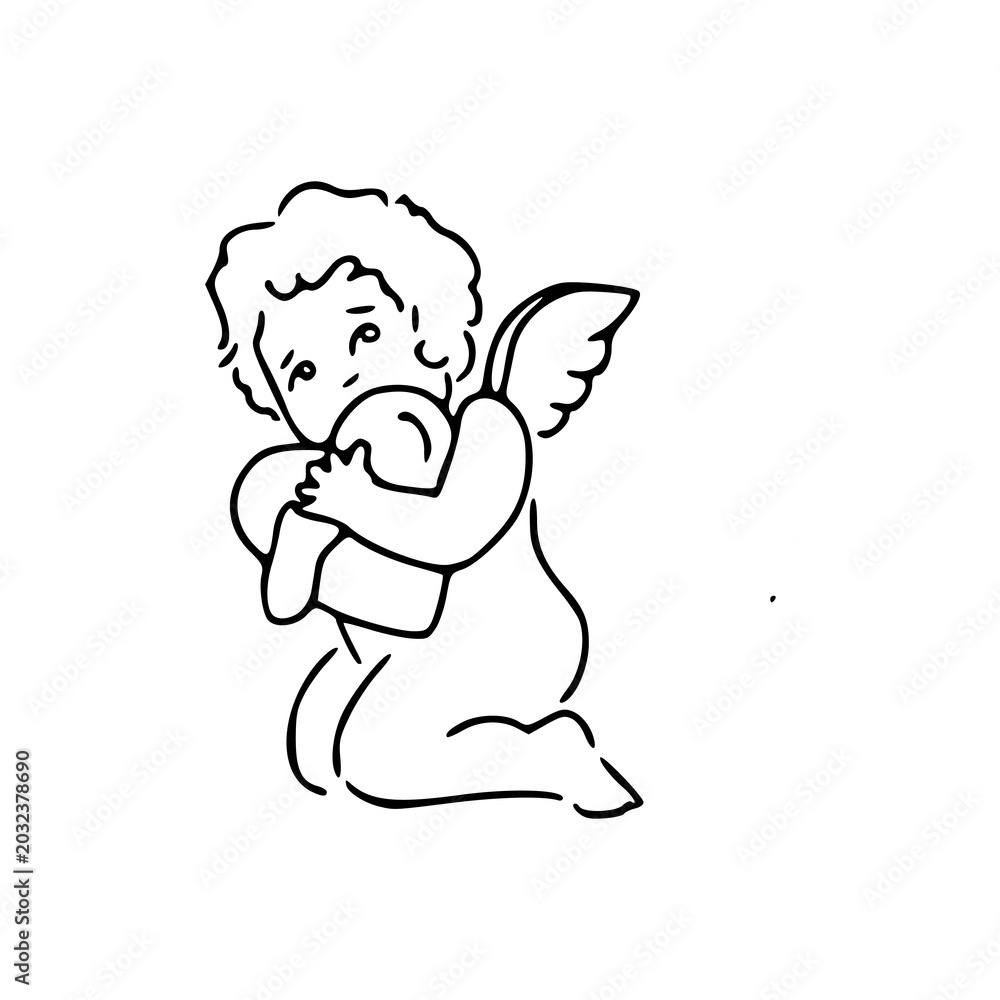Fototapeta premium cute little angel kneeling and hugging a heart line art drawing