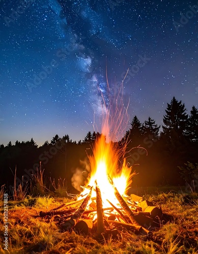 Campfire burning under starry night sky.