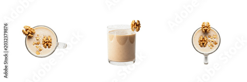 Walnut sparse fluid smoothie liquid extract showcasing organic plant emulsion parameters, distinct cellular taxonomy traits, botanical fluid properties, food nutrition elements within culinary display