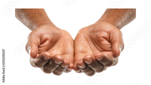 Obraz na plátně Male empty open cupped hands reaching out isolated on transparent background