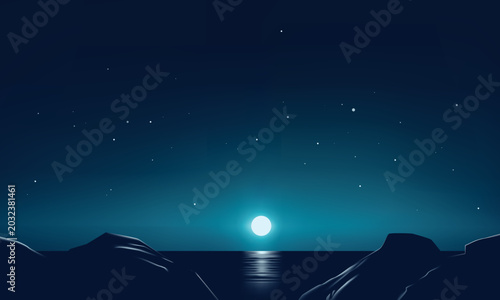 Serene night panorama over ocean with full moon