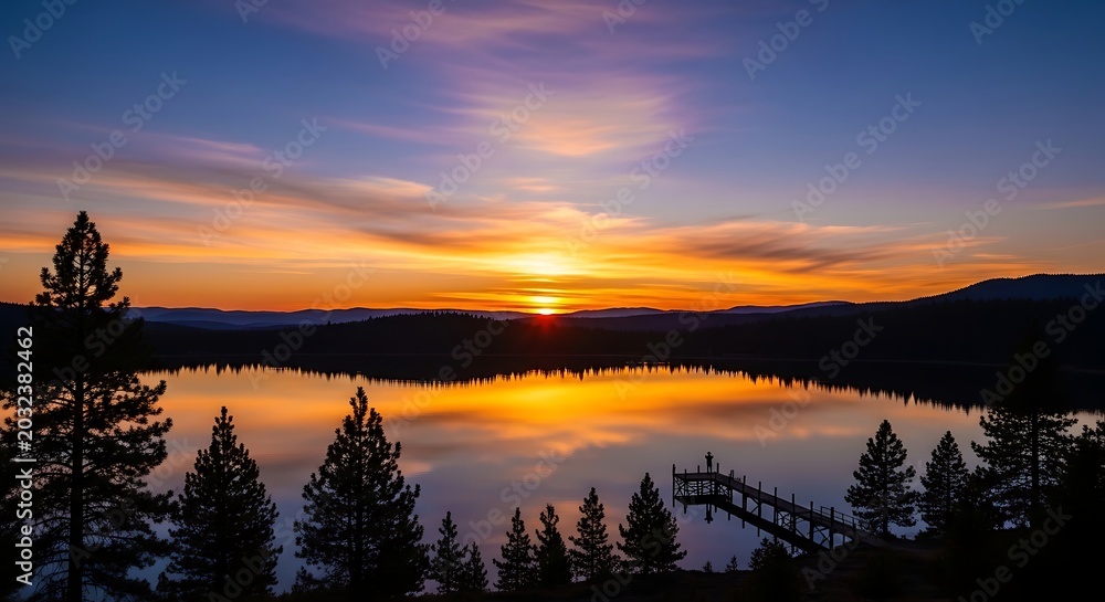 Fototapeta premium Sunset over serene lake with trees.