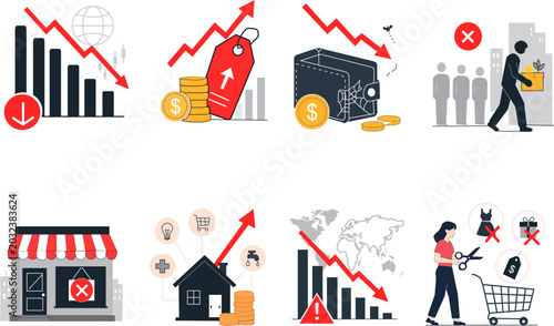 Photos Economic downturn illustration set with falling charts, empty wallets, and close