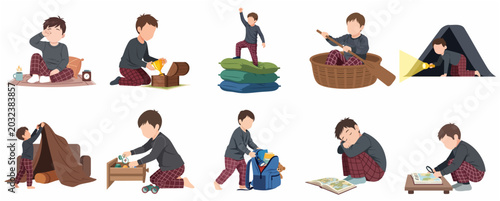Canvastavla Vector illustration set of a young boy in pajamas during an imaginative adventure at home, playing, exploring, and learning before bedtime