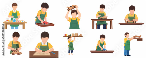 Canvas-taulu Set of illustrations showing a young boy making, painting, and playing with hand