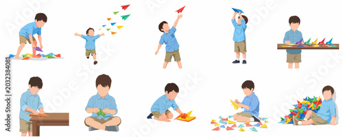 Little boy playing and folding colorful paper airplanes collection, creative childhood hobby vector illustration set.