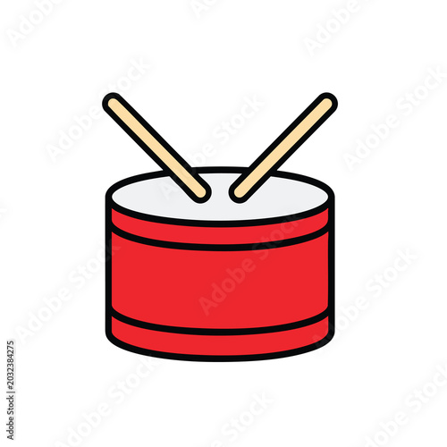 Flat vector illustration of a red snare drum with wooden sticks.