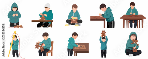 Tableau sur toile Vector set of a young boy making a handmade teddy bear toy from sewing and stuffing to hugging and playing, DIY craft concept illustration