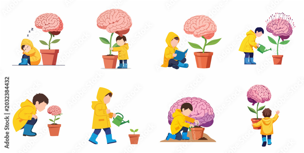 Obraz premium Educational Illustration Set of a Child Nurturing a Brain Plant Symbolizing Mental Growth and Intelligence Development