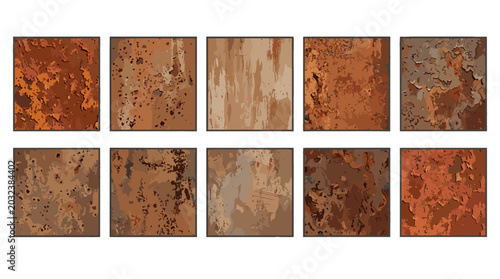 Collection of rusted metal textures with various corrosion patterns