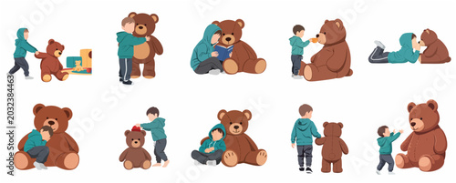Fotografía Vector Illustration Set of a Young Boy Interacting and Playing with a Large Tedd