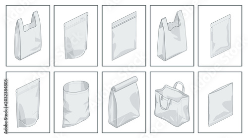 Collection of transparent plastic packaging containers for storage