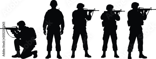 Bild auf Leinwand Military Soldier Silhouette Vector Collection with Armed Combat Troops, Tactical