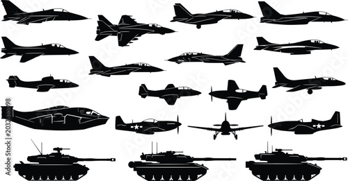Foto Military Aircraft and Tank Silhouette Vector Collection with Fighter Jets, Bombe